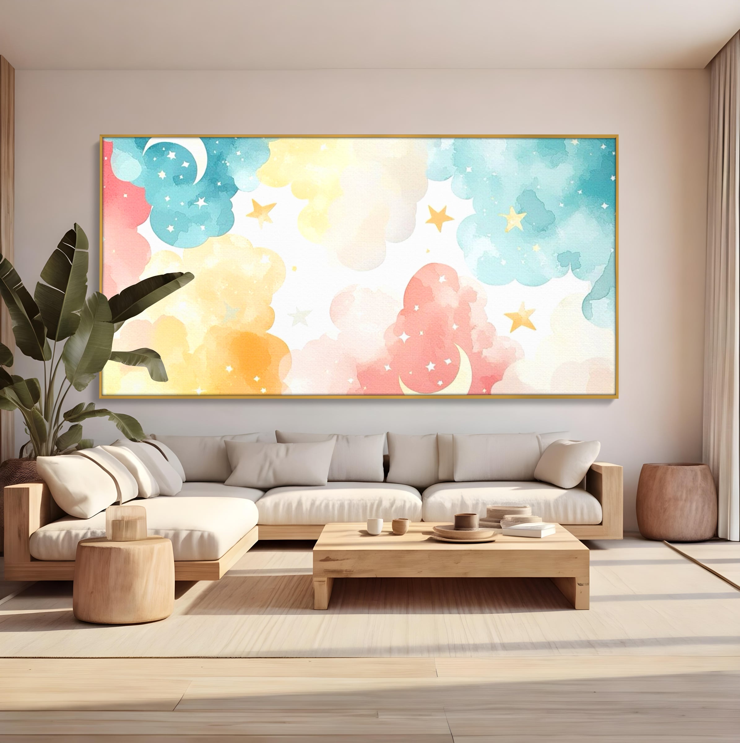Tablou canvas cu ilustratie canvas cu nori si semiluni, in rama de aluminiu auriu, pe perete intr-un living